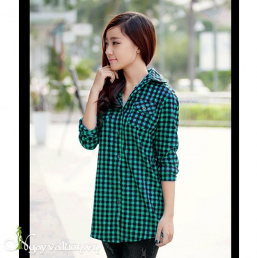 Áo sơ mi nữ caro phối túi