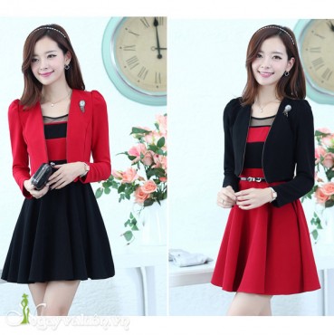 Đầm Xòe Sọc Đen Phối Lưới 